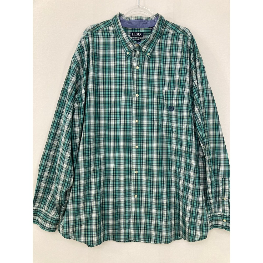 Chaps Button Down Shirt 4XLT Green Plaid Long Sleeve Preppy Easy Care